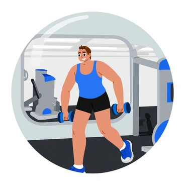 A person with short brown hair wearing a blue workout tank top and black shorts is performing face pulls using dumbbells. The individual is positioned in front of a mirror, showing focused determination on their face. Bright overhead lights illuminate the well-equipped gym, featuring various exercise machines in the background. The walls are painted a light color, contributing to the overall bright atmosphere of the gym. The floor is made of dark rubber matting, providing a stark contrast to the vibrant scene.