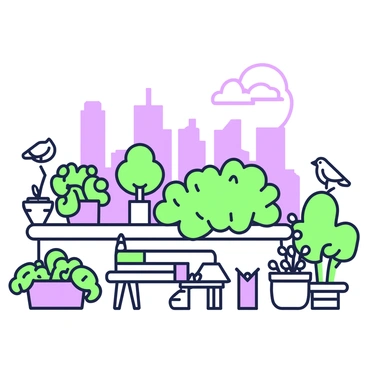A rooftop garden is visible, featuring various plants arranged in pots and raised beds. There are flowering plants and green shrubs thriving in the garden. In the foreground, a wooden bench is positioned beside a small table that holds a watering can. Several birds are perched on the edge of the garden, overlooking the city. In the background, a skyline of tall buildings can be seen under a clear sky. The overall composition highlights the contrast between the greenery of the garden and the urban environment.