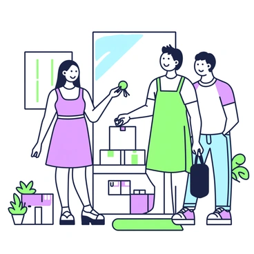 A young couple is standing in a bright, welcoming space, happily receiving keys. The woman has long hair and is wearing a casual dress, while the man has short hair and is dressed in a t-shirt and jeans. They are both smiling broadly, with the woman holding the keys in her right hand. In the background, there are cardboard boxes stacked against the wall, indicating a recent move. A small welcome mat is placed at the entrance, and there is a potted plant near their feet. The sunlight filters in through a window, illuminating the joyful moment.