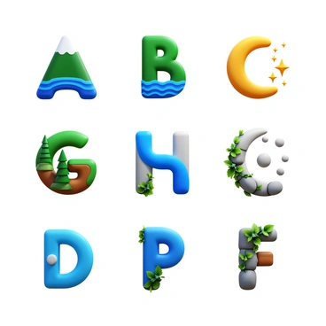 An alphabet where each letter is formed from various elements of nature. The letter "A" is shaped like a mountain with green trees at the base. The letter "B" features flowing water, resembling a river with blue ripples. The letter "C" includes a crescent moon surrounded by stars. The letter "D" is depicted as a sun with rays extending outward. The letter "E" is composed of leaves and vines. The letter "F" is constructed from rocks and pebbles. Each letter is designed to highlight its natural element, creating a harmonious display of the alphabet.