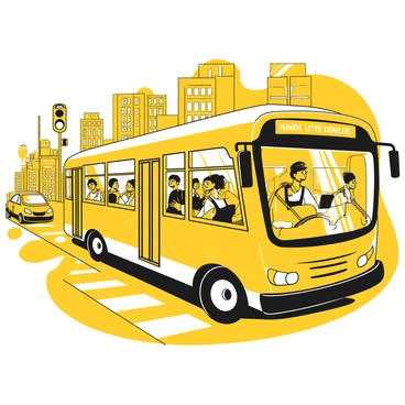 A bus driver focused intently while navigating a busy city street, wearing a black cap and a uniform. The bus has large windows through which a diverse group of passengers can be seen, each engaged in their own activities. Some passengers are reading books, while others are looking out at the bustling street filled with cars and pedestrians. The cityscape includes tall buildings and traffic lights, creating a dynamic urban environment. The scene captures a sense of movement and daily life in the city.