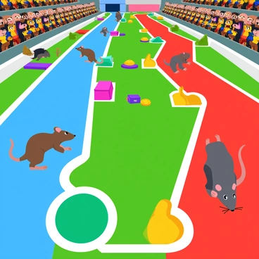 A vibrant scene featuring multiple parallel race tracks designed for rats. Each track has a distinct color, with one track being bright blue, another green, and a third red. The tracks are lined with various obstacles such as small ramps, tunnels, and hurdles made of colorful blocks. On the side of each track, there are rewards visible, including shiny gold coins, colorful fruits, and small cheese pieces. The rats are energetically running along the tracks, with some climbing over the obstacles, while others are reaching for the rewards. The background is filled with cheering animated characters, adding excitement to the scene.