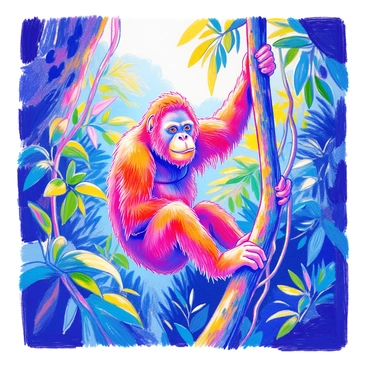 A close-up view of a "Sumatran orangutan" hanging from a tree branch in a lush rainforest. The orangutan has distinctive long reddish-brown fur and expressive eyes. Surrounding the orangutan are various green leaves and vines that showcase the dense jungle environment. Sunlight filters through the canopy above, casting dappled light on the scene. In the background, a glimpse of other trees and foliage can be seen, emphasizing the habitat's richness and complexity.