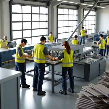 Several workers in a metal factory are engaged in various tasks while wearing safety glasses. One worker, a man with short black hair, is operating a large machine with metal components, focusing intently on the task. Another worker, a woman with long brown hair tied back, is monitoring the machine's display with her hand resting on the control panel. Dressed in bright yellow safety vests, they are surrounded by various industrial machinery, including a conveyor belt and metal sheets stacked nearby. The factory environment features large windows allowing natural light to illuminate the space, highlighting the metallic surfaces and tools scattered around.