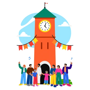 A tall clock tower with a brick facade and an ornate clock face at the top, striking noon. The clock's hands are positioned at the twelve o'clock mark, and the sound of the bells is depicted with small musical notes around them. Excited townspeople are gathered below, with a diverse group of men, women, and children. Some are waving their arms in celebration, while others are smiling and pointing upwards. The scene includes colorful banners hanging from the clock tower and a bright blue sky above, enhancing the lively atmosphere.