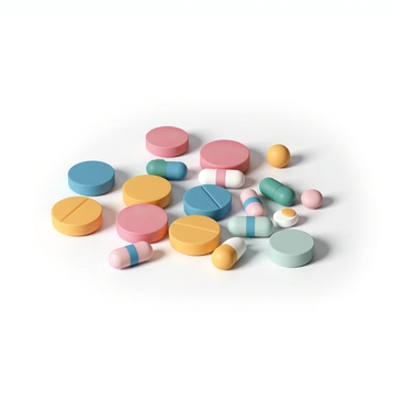 A collection of various pills and capsules, each with distinct colors and shapes, scattered across a smooth, white surface. The pills include round, oval, and rectangular forms, showcasing vibrant hues such as bright red, deep blue, sunny yellow, and soft green. Some capsules are transparent with colored stripes, while others are solid in their color. The arrangement is random, creating an eye-catching display of pharmaceuticals.