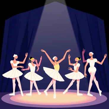 A stage is illuminated with soft, warm lighting, creating an intimate atmosphere. Several ballet dancers are positioned in elegant poses, showcasing their graceful movements. Each dancer wears a delicate tutu and ballet shoes, with one dancer executing a pirouette at the center. The backdrop is a deep navy blue curtain, slightly shimmering, adding depth to the scene. The dancers display a variety of dance positions, with arms extended and bodies aligned, reflecting the beauty of ballet.