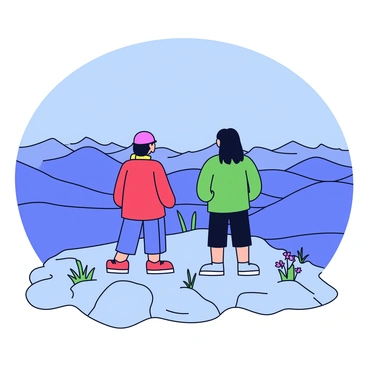 Two hikers stand at the edge of a rocky mountain summit, looking out at the expansive landscape before them. One hiker is wearing a bright red jacket, while the other is in a green jacket. They are both facing the horizon, which reveals a series of rolling hills and distant mountains under a clear blue sky. The sunlight casts shadows on the rocky surface where they stand, creating a contrast between the natural textures. Small patches of grass and wildflowers peek through the rocks around their feet.