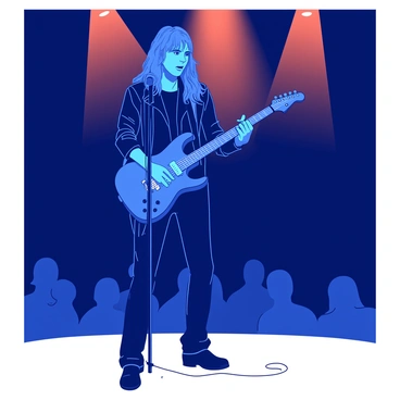 A blue solo musician stands center stage, holding a microphone in one hand and playing an electric guitar with the other. The musician is wearing a tight black leather jacket and has long hair flowing down. Bright orange spotlights illuminate the stage from above, casting intense shadows on the musician’s face. The background is dark, creating a stark contrast with the vibrant blue of the musician. The musician's expression is focused and passionate as they engage with the audience, their foot tapping rhythmically on the stage.