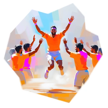 A kabaddi player with a muscular build and short hair is captured mid-air, exhibiting an expression of triumph as he celebrates a successful raid. He is wearing a bright jersey with his team's colors, and sweat glistens on his skin from the intensity of the game. Surrounding him are several teammates, each with a varied expression of excitement and encouragement, raising their arms in celebration. The scene is dynamic, with the player leaping against a vibrant background, showcasing the energy and fervor of the sport. The ground beneath them is marked, reflecting the intensity of the match.
