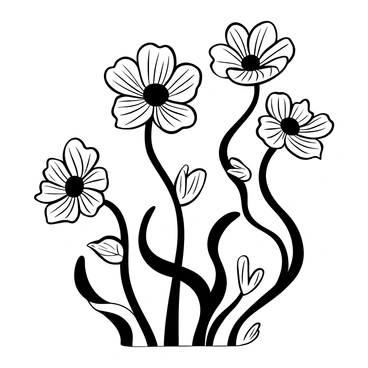 An arrangement of stylized anemone flowers positioned gracefully across the composition. The flowers have uniquely shaped petals with intricate, flowing lines that capture the essence of Art Nouveau design. Each flower stem elegantly curves, intertwining with delicate leaves that have ornate veins, enhancing the overall organic feel of the illustration. The background consists of a subtle pattern that complements the floral elements, adding depth to the piece.