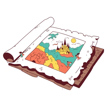 A white piece of parchment is unrolled on a wooden table, covered with illustrations that depict various scenes. The illustrations include a yellow castle with fluttering banners, a teal dragon soaring in the sky, and orange trees filled with ripe fruit. Small figures within the illustrations are animated, moving in a lively manner, as if they are acting out stories. The parchment itself has intricate borders, enhancing its magical appearance.