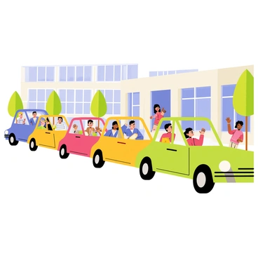 A line of colorful cars parked outside a school building with large windows. Inside the cars, parents sit attentively in the driver's seats, looking towards the school entrance. Some parents are holding their phones, while others are casually chatting with each other. A few children can be seen in the background, emerging from the school, excitedly waving to their parents as they leave the building. The scene captures a bright, sunny day with a clear blue sky and green trees lining the schoolyard.