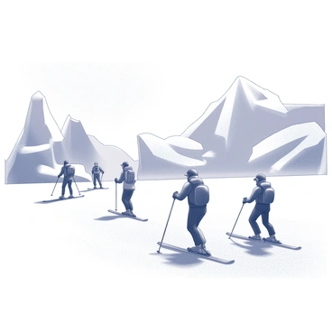 A group of skiers traversing a vast, frozen arctic landscape. The skiers are dressed in cold-weather gear, utilizing their ski poles as they glide over the sparkling, white snow. In the background, towering ice formations and snow-covered mountains create an expansive and dramatic terrain. The sky is clear, allowing sunlight to illuminate the icy surroundings, highlighting the texture and contours of the snow. The skiers are in various poses, some leaning forward in motion, while others pause to admire the pristine environment. "Adventure awaits in the frozen expanse."