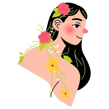 A side view of a person with long, flowing hair featuring vibrant flowers woven throughout. The flowers include bright red roses, cheerful yellow daisies, and delicate white baby’s breath. The person's hair cascades down their shoulder, creating a soft frame around their face. Their expression is calm and serene, with a gentle smile. Sunlight highlights the vivid colors of the flowers and the shine of the hair. The background is simple and unobtrusive, focusing on the beauty of the person and the floral accents.
