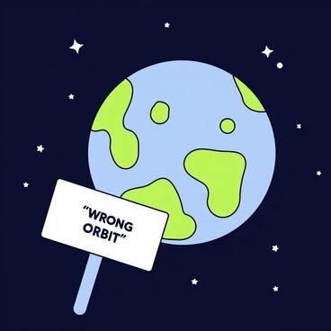 A round planet with a textured surface in shades of blue and green, appearing to float in a dark space filled with scattered stars. The planet has a slightly tilted axis, giving it an airy, lost appearance. At the forefront, a white sign with bold black letters reads, "'Wrong Orbit'". The sign is attached to the planet’s surface at a slight angle, suggesting it has been forgotten in this vast expanse.