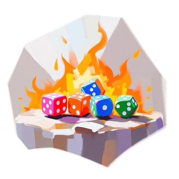 A collection of colorful dice, including a red d20, a blue d6, and a green d10, are surrounded by bright orange and yellow flames. The flames flicker and dance around the dice, creating a striking contrast between the vibrant colors of the dice and the fiery backdrop. The scene conveys a sense of urgency and intensity, with the heat of the flames reflecting off the glossy surfaces of the dice. Some of the flames curl upward, while others reach out toward the viewer, adding depth to the composition.