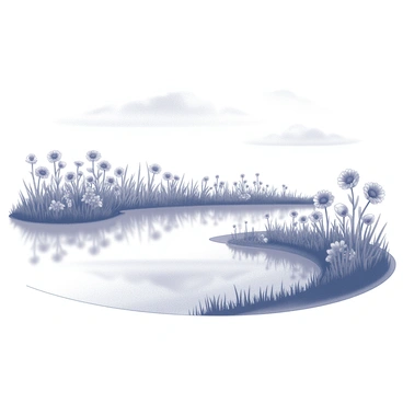 A lake with a smooth surface. The water mirrors a field filled with various flowers, showcasing their shapes and forms. The landscape surrounding the lake features green grass and tall, slender plants gently swaying in the breeze. A few clouds are visible in the sky above, adding subtle texture to the scene.