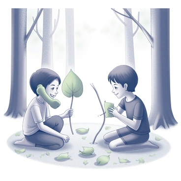 A wooded area filled with tall trees and a soft carpet of fallen leaves. Two children are gathered on the ground, each engaged in constructing a makeshift telephone using large green leaves and thin, twisted sticks. One child is holding a large leaf to their ear, while the other child is bending down to speak into a stick positioned near the ground. Sunlight filters through the tree canopy, creating dappled patterns on the forest floor. Both children are smiling and appear to be deeply focused on their inventive play.