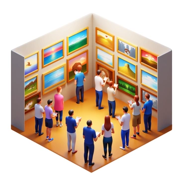 An art gallery interior filled with a variety of paintings, including abstract, landscape, and portrait artworks. Numerous visitors of different ages and backgrounds are observing the paintings, some standing close to the artwork while others are discussing in small groups. The walls are adorned with frames that vary in style and color. Soft, warm lighting casts gentle shadows and highlights the textures of the paintings, creating an inviting atmosphere.