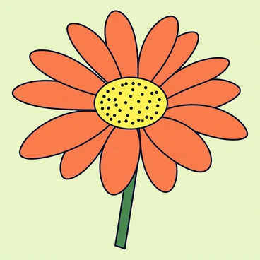 A close-up illustration of a single gerbera daisy in full bloom. The flower has vibrant orange petals that are long and narrow, radiating from a central yellow disc. The petals have a slight sheen, and the yellow center is densely packed with tiny, tubular florets. The background is a subtle, light green, enhancing the bright colors of the daisy.