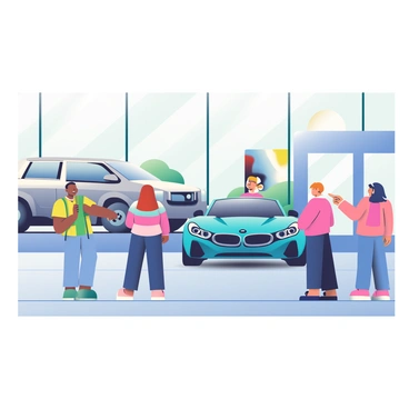 Visitors are standing in a sleek, modern showroom, admiring the latest BMW models. There are several BMW cars on display, with shiny exteriors reflecting light. The showroom features large glass windows that allow natural light to flood in, highlighting the cars. Some visitors are closely examining the details of a blue sports car with a streamlined design, while others are pointing at a silver SUV parked nearby. The floors are polished concrete, and the walls are adorned with minimalist artwork that complements the modern aesthetic of the space.