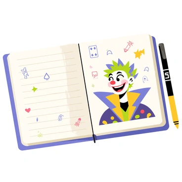 A sketchpad opened to reveal a cartoon-style illustration of a joker character. The joker has a wide smile with exaggerated features, including bright red lips and large, round eyes. His hair is a wild mix of green and purple spikes, adding to his playful appearance. The character is wearing a colorful outfit with large, oversized collar and mismatched patterns. Various doodles and playful sketches, such as stars and playing cards, surround the joker, enhancing the whimsical theme of the illustration.