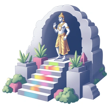 A series of steps leading up to a large cave entrance, adorned with vibrant colors that attract attention. The steps are flanked by lush greenery, creating a contrast against the stone. At the top of the steps, a giant golden statue of Lord Murugan stands majestically, showcasing intricate details and a proud stance. Surrounding the statue are decorative elements that enhance the scene, while the cave itself looms in the background, hinting at an expansive interior waiting to be explored.
