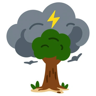 A dark, stormy sky filled with thick, swirling gray clouds. A vivid lightning bolt strikes the top of a tall, robust tree, illuminating its bark and the surrounding branches. The tree stands firmly on a patch of uneven ground, with scattered leaves and twigs around its base. The dramatic contrast between the bright lightning and the dark storm clouds creates a striking visual impact.