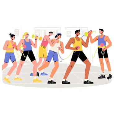 A group of five participants engaged in a high-intensity extreme fitness class. Each participant shows visible signs of exertion with beads of sweat on their foreheads. They are using thick, heavy ropes in a rhythmic motion while others are lifting colorful weights. The setting is an indoor gym with bright lights and motivational posters on the walls. Each participant has a determined expression, showcasing their effort and focus during the workout. The floor is a light gray rubber surface, enhancing the vibrant colors of their workout gear, which includes tank tops and athletic shorts.