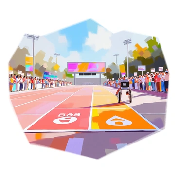 A race track designed with clearly marked, customized lanes suitable for both wheelchairs and runners. The track features two distinct types of lanes, one wider and smooth for wheelchairs, and a standard lane for runners. Each lane is brightly colored, with visible symbols indicating their designated use. The surrounding area is lined with cheering spectators, some holding signs that promote fair competition. In the background, there are banners that emphasize inclusivity and sportsmanship, fluttering in the breeze. The track surface is well-maintained, with clear boundaries separating the different lanes.
