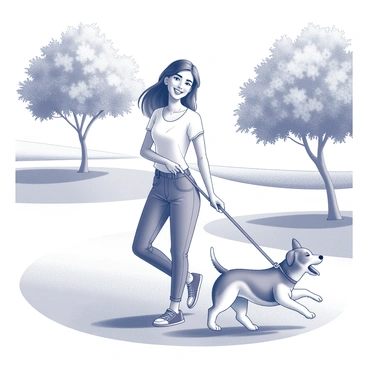 A modern Indian woman is walking in a park. She is smiling and appears joyful as she leads her small dog on a leash. The dog is playfully tugging at the leash, its tail wagging with excitement. The woman is dressed in casual attire, including a comfortable top and pants, suitable for a sunny day. The park is filled with lush green grass, and there are a few trees in the background, providing a vibrant natural setting. Sunlight filters through the leaves, casting playful patterns on the ground.