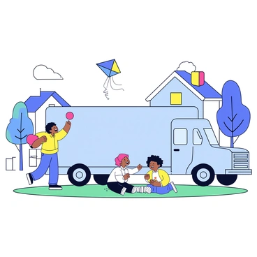 A group of three children is playing together near a parked parcel truck. One child is flying a colorful kite, while another is tossing a bright red ball. The third child is sitting on the grass, laughing. The truck is a light blue color with the words "Parcel Delivery" printed on its side. The surrounding neighborhood features simple, cozy houses with white fences and well-kept lawns, and a few trees provide shade in the background. The weather is clear and sunny.