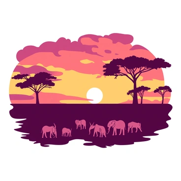A duotone illustration features a vast savannah landscape under a dramatic sky at sunset. Silhouetted against the vibrant horizon, several acacia trees with broad canopies stand prominently. The sun is low, casting a warm glow that creates long shadows on the ground. In the foreground, a herd of silhouettes representing various animals, including a group of elephants and a few grazing antelopes, can be seen moving gracefully across the grassland. The scene captures the essence of a serene evening in the savannah.