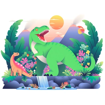 A vibrant prehistoric jungle filled with lush greenery and towering ferns is teeming with life. In the foreground, a large, green Tyrannosaurus rex is standing, its sharp teeth visible as it lets out a roar. To the left, a group of small, feathered dinosaurs is foraging for food among the colorful flowers. In the background, a range of steep, rocky volcanoes is visible, with smoke rising from the peaks. The sky is painted with shades of orange and pink as the sun begins to set, casting a warm glow over the entire scene. A waterfall cascades down rocks, creating a small pool where various small creatures can be seen drinking.