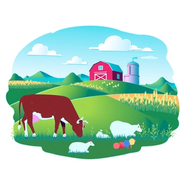 A peaceful farm scene with rolling green fields filled with various crops such as corn, wheat, and colorful vegetables. In the foreground, there are animals including a brown cow grazing, several chickens pecking at the ground, and a couple of sheep resting on the grass. In the background, a red barn stands beside a white farmhouse with smoke gently rising from the chimney. The sky above is a clear blue, dotted with a few fluffy white clouds, casting soft shadows over the landscape.