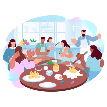A spacious kitchen filled with natural light showcases a lively cooking class. Several students are gathered around large, wooden tables where ingredients for pasta-making are spread out, including flour, eggs, and rolling pins. One student is kneading the dough while another is cutting it into shapes. A bowl of flour sits next to them, dusting the table surface. Various kitchen tools, such as measuring cups and a pasta machine, are visible on the tables. In the background, a teacher is demonstrating the pasta-making technique to a group of attentive students. Colorful ingredients like tomatoes and basil are neatly arranged on a counter, adding vibrancy to the scene.
