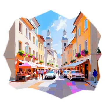 A bustling European cityscape featuring a mix of historic architecture, including ornate buildings with intricate facades, clock towers, and arched doorways. The streets are filled with people walking, some browsing open-air markets, while others are seated at outdoor cafes under colorful umbrellas. Vintage cars are parked along the side of the road, and vibrant flower boxes adorn the windowsills of the buildings. A clear blue sky stretches overhead, adding brightness to the scene.
