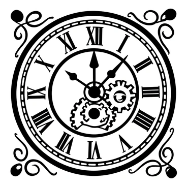 An intricate clock face with prominent Roman numerals displayed at each hour position. The clock hands are ornate, pointing towards the numbers. The design includes decorative elements surrounding the clock, such as filigree patterns and swirls. The inner workings of the clock mechanism are partially visible, featuring gears and cogs intricately interwoven. A textured border surrounds the clock, enhancing its vintage appearance.