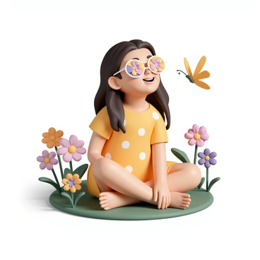 A young girl, wearing round glasses made of colorful flower petals, is sitting on a patch of grass. She has long, wavy hair cascading down her shoulders and is wearing a bright yellow sundress with white polka dots. The sun is shining down, casting soft shadows around her. Surrounding her are various blooming flowers in shades of pink, purple, and orange, creating a vibrant, lively atmosphere. The girl is smiling and looking curiously at a butterfly fluttering near her, adding a touch of whimsy to the scene.