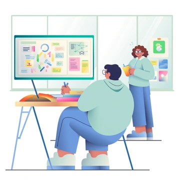 A student with short black hair and glasses is sitting at a wooden desk in a bright classroom. They are wearing a light blue hoodie and jeans, intently writing notes in a notebook with a blue pen. In front of the student, there is an open textbook displaying colorful diagrams. At the front of the room, a teacher with curly brown hair is standing beside a whiteboard filled with written concepts and diagrams. The classroom has colorful posters on the walls and large windows allowing sunlight to stream in, illuminating the scene.