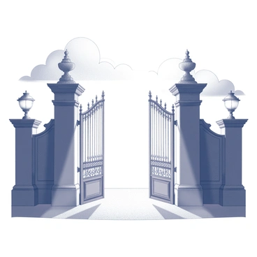 A set of grand, open gates stands prominently, framed by intricate architectural details. Bright beams of light stream through the gates, creating a powerful contrast against the surrounding elements. The light cascades down, illuminating the area in front of the gates, casting distinct shadows and highlighting textures. Soft clouds drift in the background, adding dimension to the scene, while the overall composition conveys a sense of grandeur and majesty.
