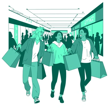 A teal group of friends is laughing joyfully as they walk through a white bustling mall. Each friend is carrying multiple shopping bags in various sizes and colors. The mall is filled with shoppers and vibrant storefronts, creating a lively atmosphere. The friends are dressed in casual clothing, and their expressions show excitement and happiness as they engage with each other, sharing a light-hearted moment. Bright lights from the mall's ceiling illuminate the scene, enhancing the lively environment.