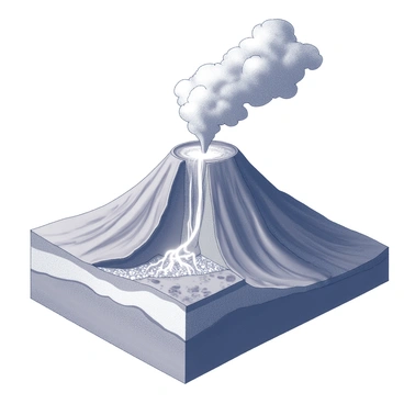 A detailed cross-section of a volcano is depicted, showcasing its internal structure. The magma chamber is visible at the base, with lava visibly flowing upwards through the main vent. The sides of the volcano are layered with various types of rock and ash deposits. Above the volcano, thick ash clouds are billowing into the sky, creating a dramatic scene. The landscape surrounding the volcano features rocky terrain and sparse vegetation, emphasizing the power of the erupting volcano.