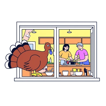 A turkey with brown feathers and a glossy appearance is peeking through a window. The window is framed with white wood and has a slight reflection of the cozy kitchen inside. In the kitchen, there are wooden cabinets and a countertop filled with food preparation items. A family member is chopping vegetables, while another stirs a pot on the stove. Warm light emanates from a ceiling fixture, casting a soft glow across the scene. There are bowls and utensils scattered on the counter, indicating a meal is being prepared.