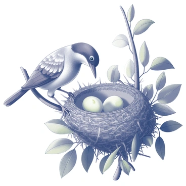 An exotic bird with intricate feather patterns is perched on a branch high in the canopy. The bird is engaged in the act of tending to its nest, which is woven with twigs and leaves. The nest is nestled among the foliage, surrounded by lush greenery. The bird's beak is carefully positioned as it adjusts the materials of the nest. Sunlight filters through the leaves, casting dappled shadows on the scene.