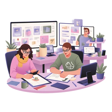 A digital flat illustration depicting several artists working collaboratively in a vibrant tech hub. The scene features a diverse group of artists, including a woman with curly brown hair wearing glasses and a brightly colored scarf, and a man with short, light hair and a graphic t-shirt, both focused on their digital tablets. In the background, there are large screens displaying various digital art pieces and design software. A modern workspace is filled with creative tools, including sketchbooks, styluses, and 3D models. The environment is lively, with green plants scattered around and colorful artwork adorning the walls. There are also several computers on desks, showcasing different artistic projects, and a coffee station in one corner with steaming mugs placed on it.