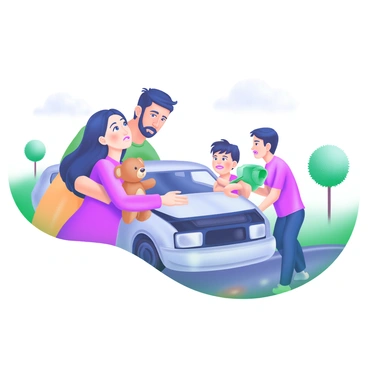 A scene depicting family members gathered around a slightly damaged car on the side of the road. Two adults, a man and a woman, are embracing each other, displaying expressions of concern and support. Nearby, a child is holding a teddy bear, looking up at the adults with a worried face. Another family member, a teenager, is checking on the car, observing the damage with a focused expression. The background features a clear sky and green trees, enhancing the sense of a peaceful environment despite the accident.