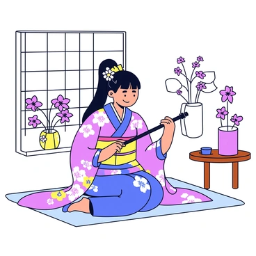A geisha wearing a colorful kimono with intricate floral patterns sits gracefully while playing a koto. Her long black hair is styled elegantly with decorative hairpins. The room is adorned with tatami mats on the floor, and soft natural light filters through shoji screens. A vase with blooming cherry blossoms is placed beside her, adding a touch of beauty to the serene environment. A small wooden table is visible in the background with traditional tea utensils.