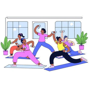 A fitness class in a bright, airy studio with large windows. In the center, an instructor demonstrates a "Warrior II" yoga pose while holding dumbbells for hammer curls. Participants in the class are mimicking the pose, some in "Downward Dog" while others are in "Tree Pose," all holding dumbbells. The participants are dressed in colorful workout attire and are positioned on yoga mats. The atmosphere is focused and energetic, with plants in the corners of the studio adding a touch of greenery. A large mirror reflects the scene, showcasing the various poses and the dynamic energy of the class.